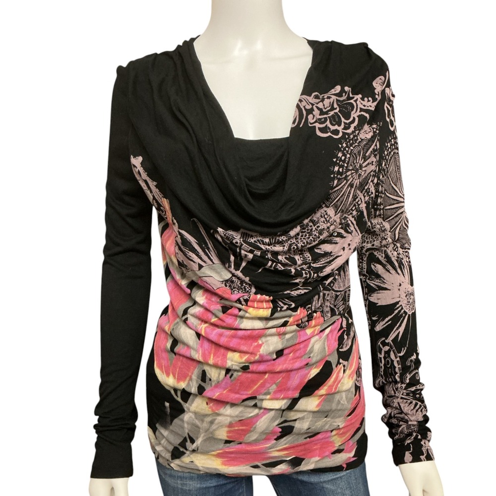 Desigual Womens Cowl Neck Top Size S Long Sleeve Sequin BOHO Eclectic Whimsigoth